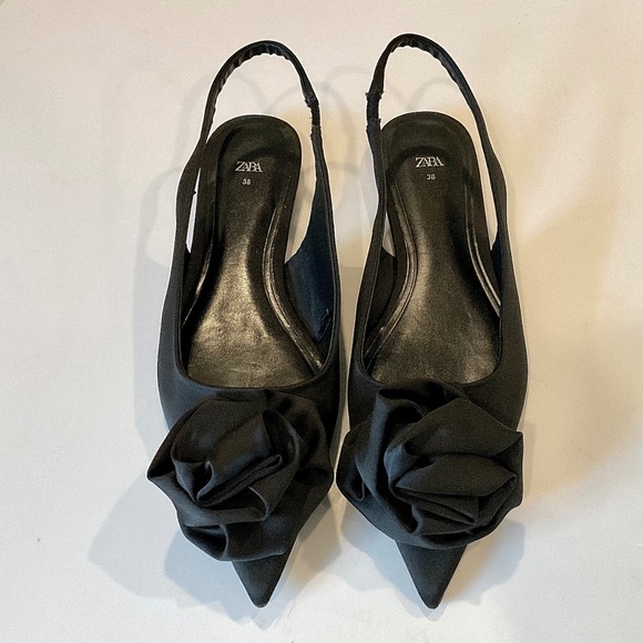 ZARA Slingback Flat Flower Pointed Toe Black Size EU 38 - Picture 1 of 9